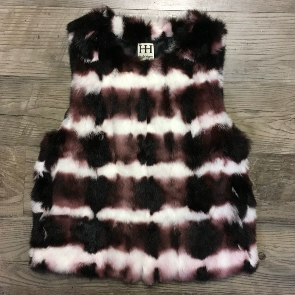 Haute Hippie Tie Dye Rabbit Fur Vest Merlot/white/black - Picture 8 of 12